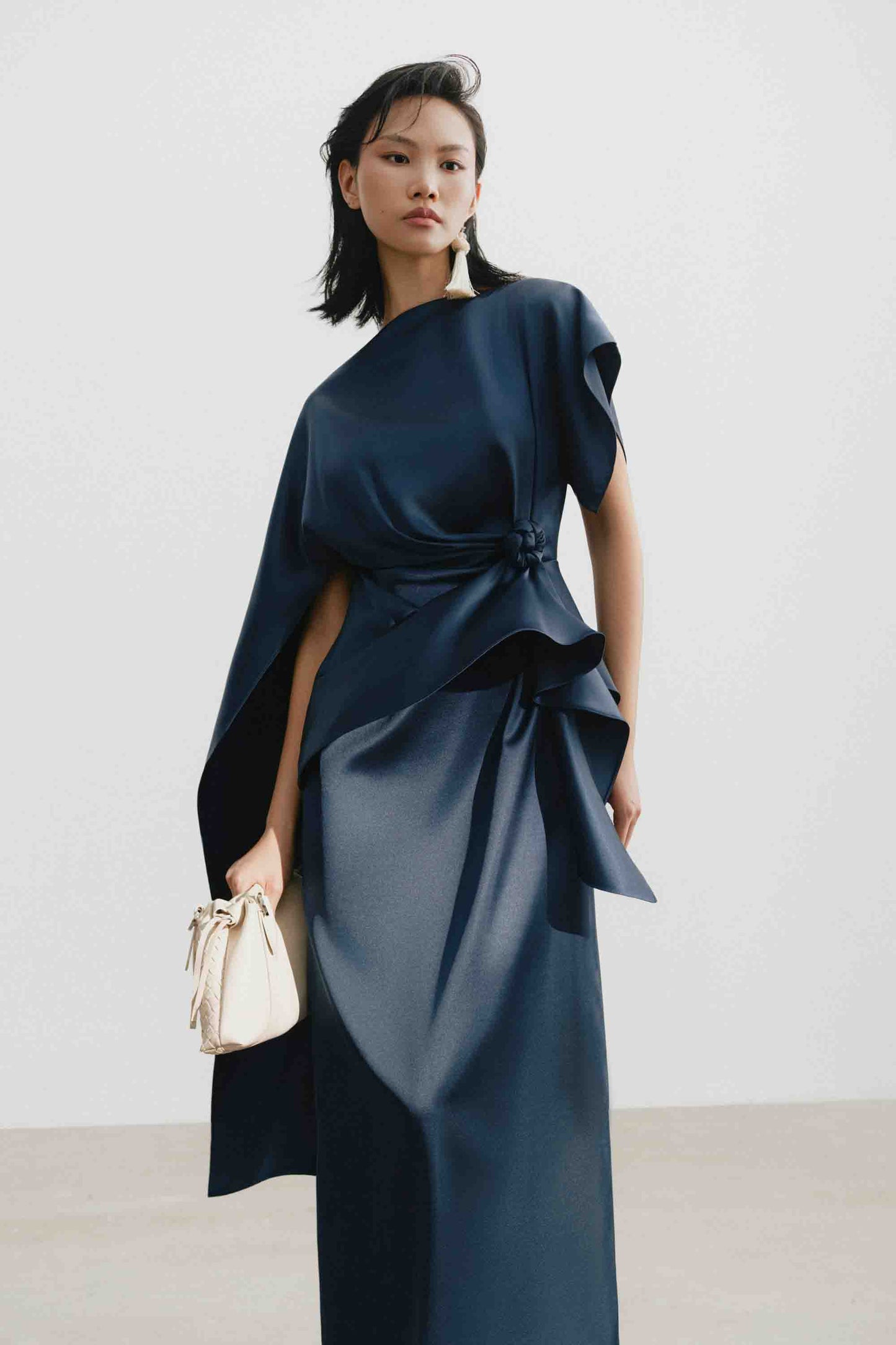 Silk Asymmetric Draped Pencil Dress in Gibraltar Sea