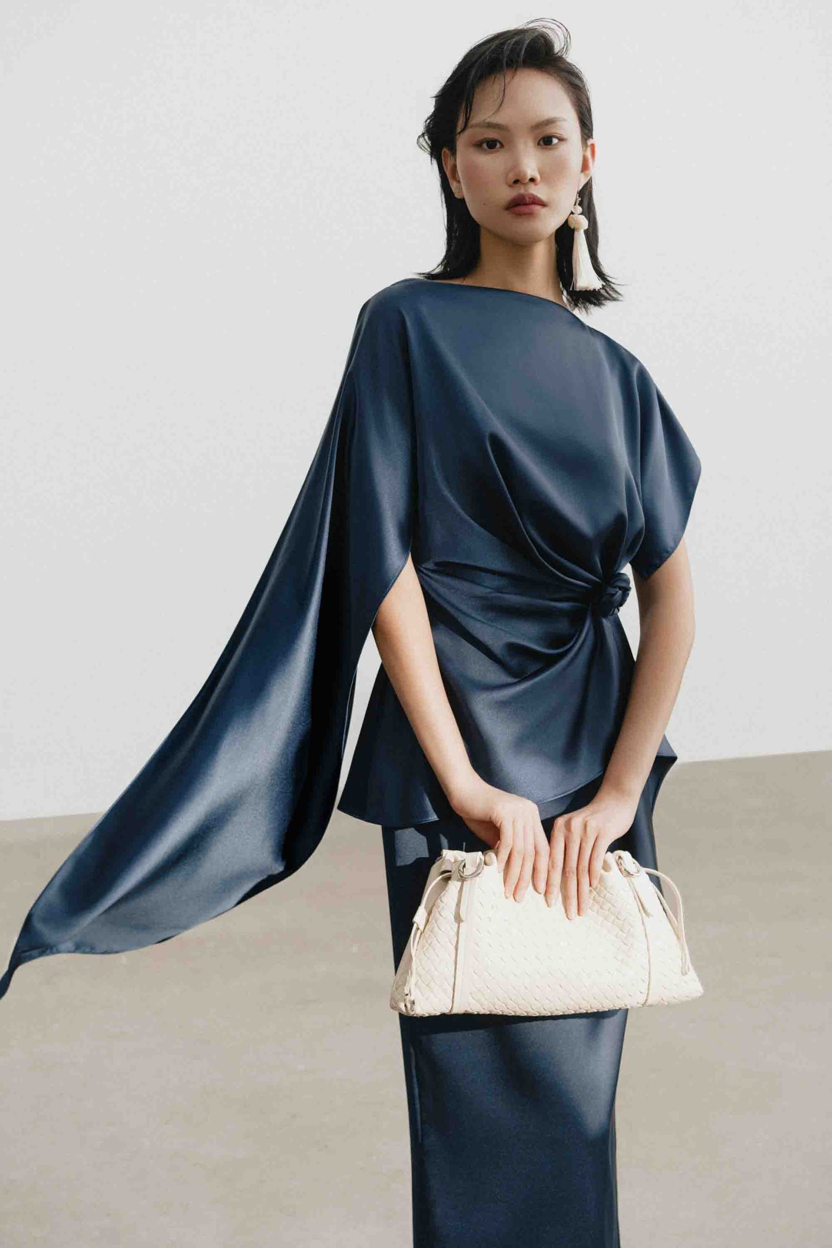 Silk Asymmetric Draped Pencil Dress in Gibraltar Sea