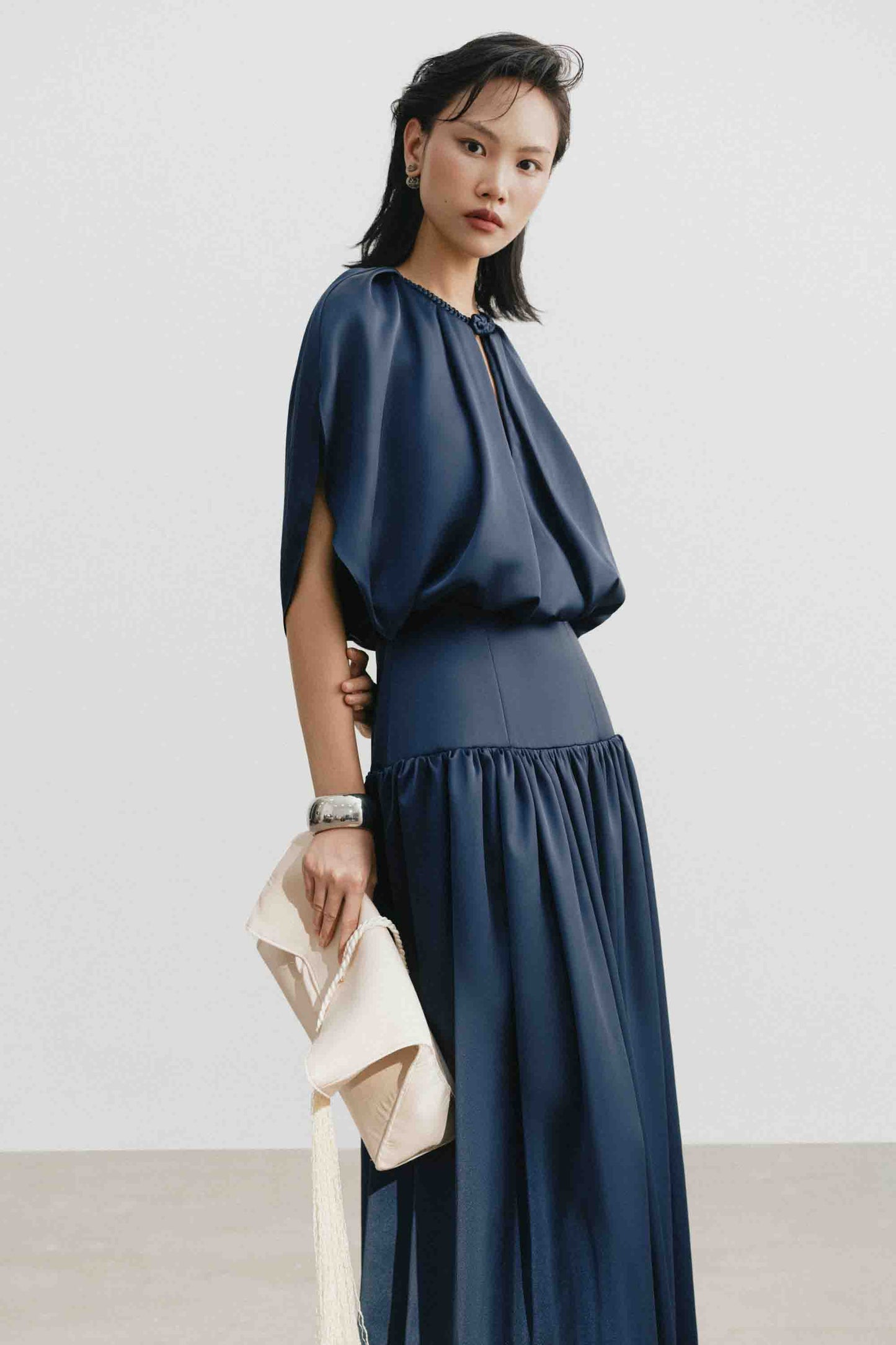 Silk Cut-Out Midi Dress in Gibraltar Sea