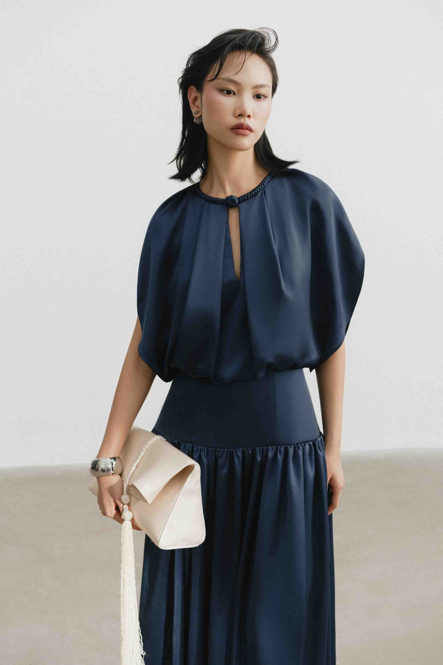 Silk Cut-Out Midi Dress in Gibraltar Sea