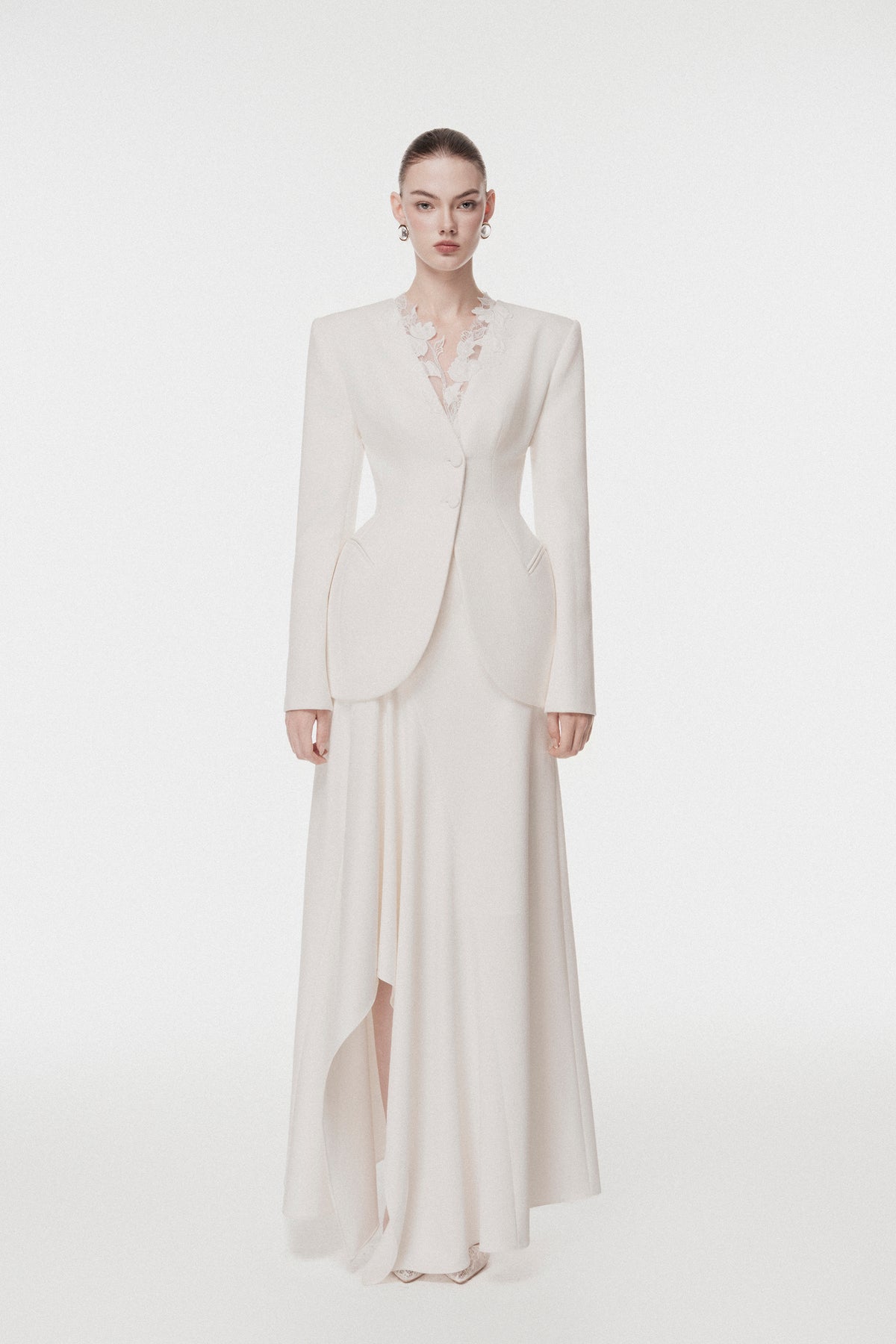 Ivory Draped-Collar Tailored Set Design