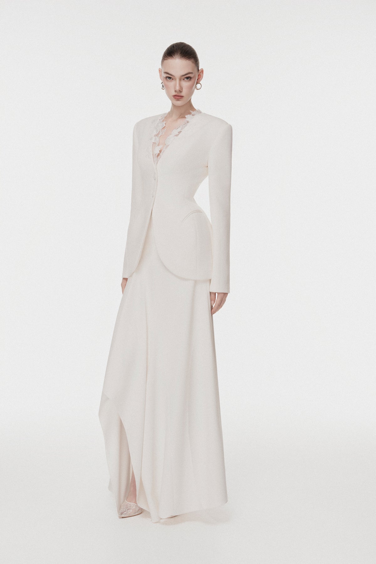 Ivory Draped-Collar Tailored Set Design