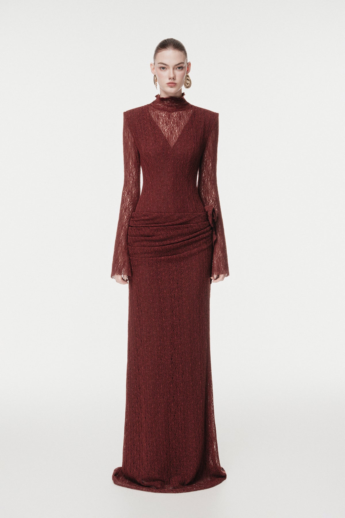Sheer Lace Evening Gown with 3D Floral