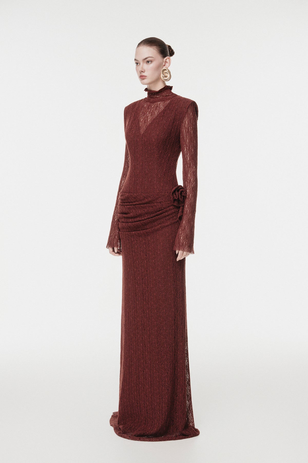 Sheer Lace Evening Gown with 3D Floral