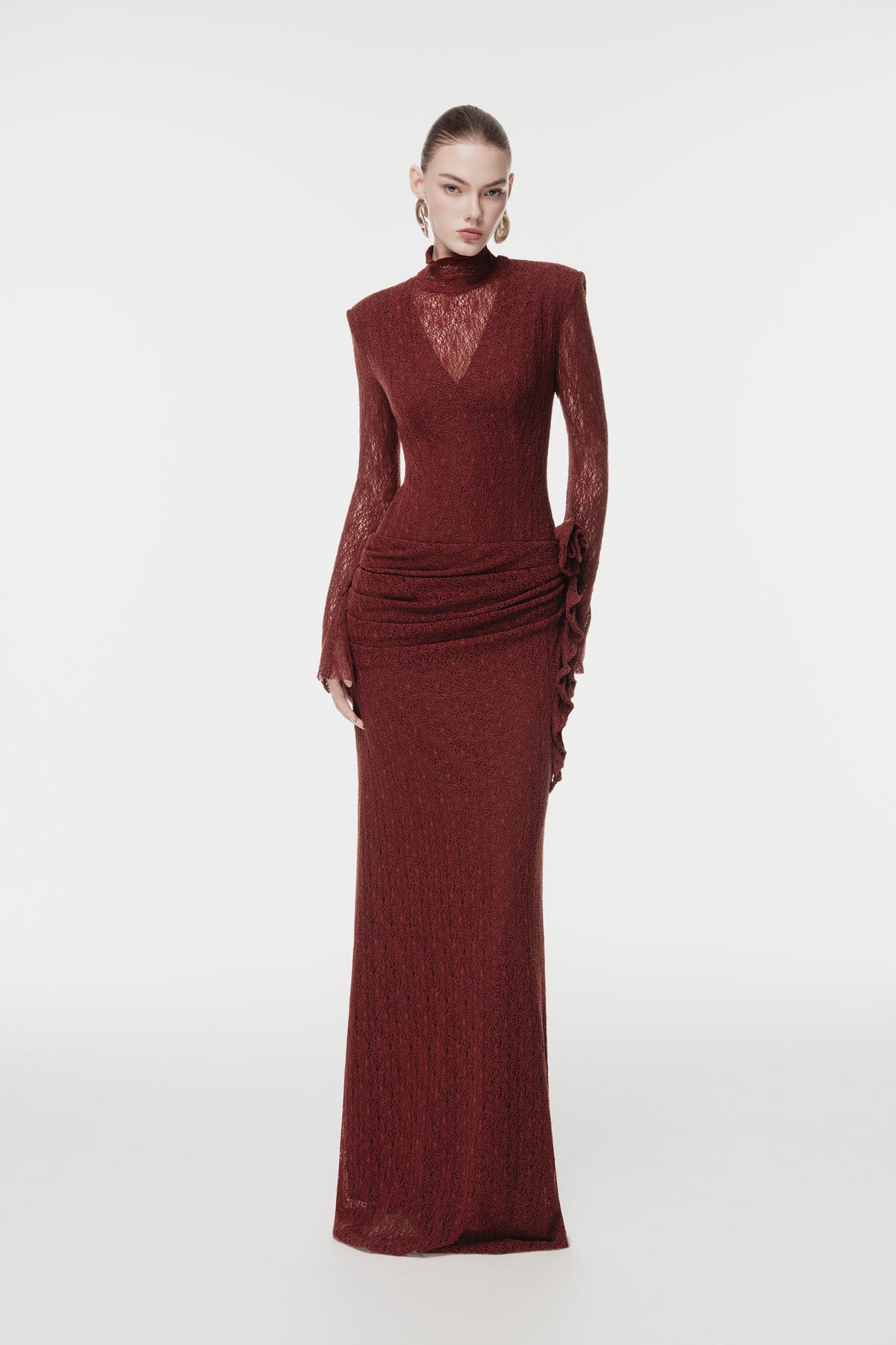 Sheer Lace Evening Gown with 3D Floral