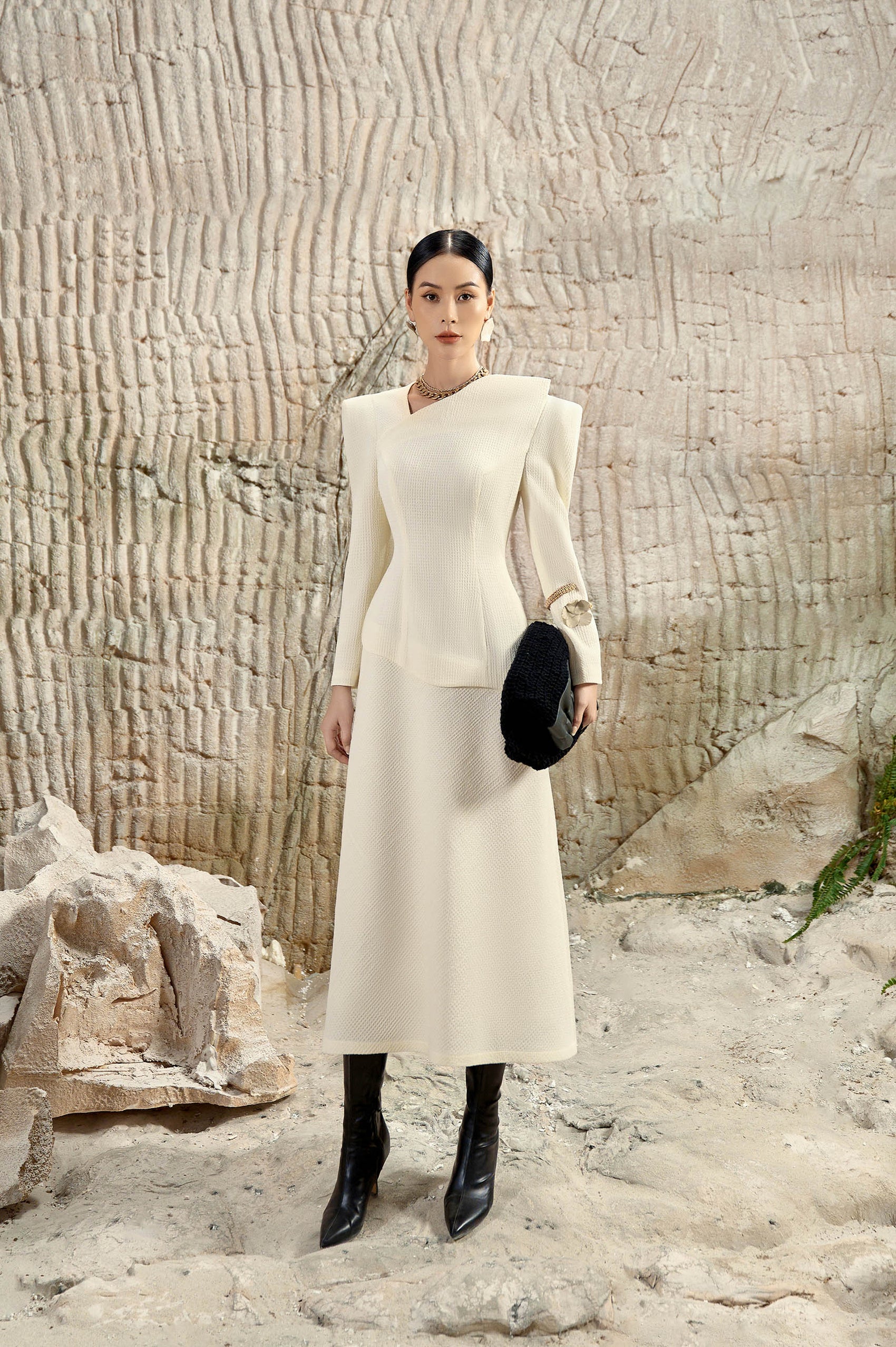 Ivory Diagonal Neck Dress