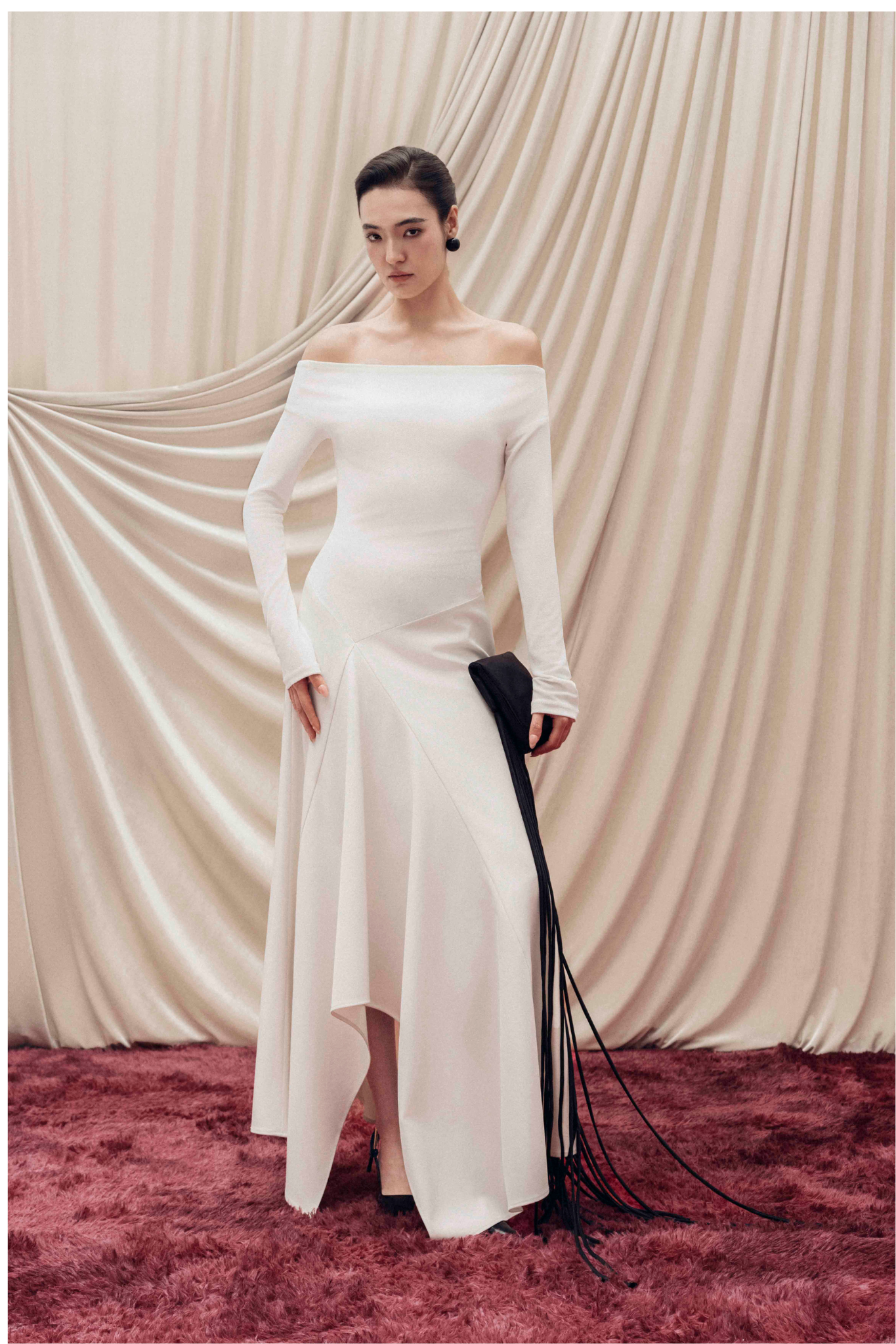 Asymmetric Off-Shoulder A-Line Midi