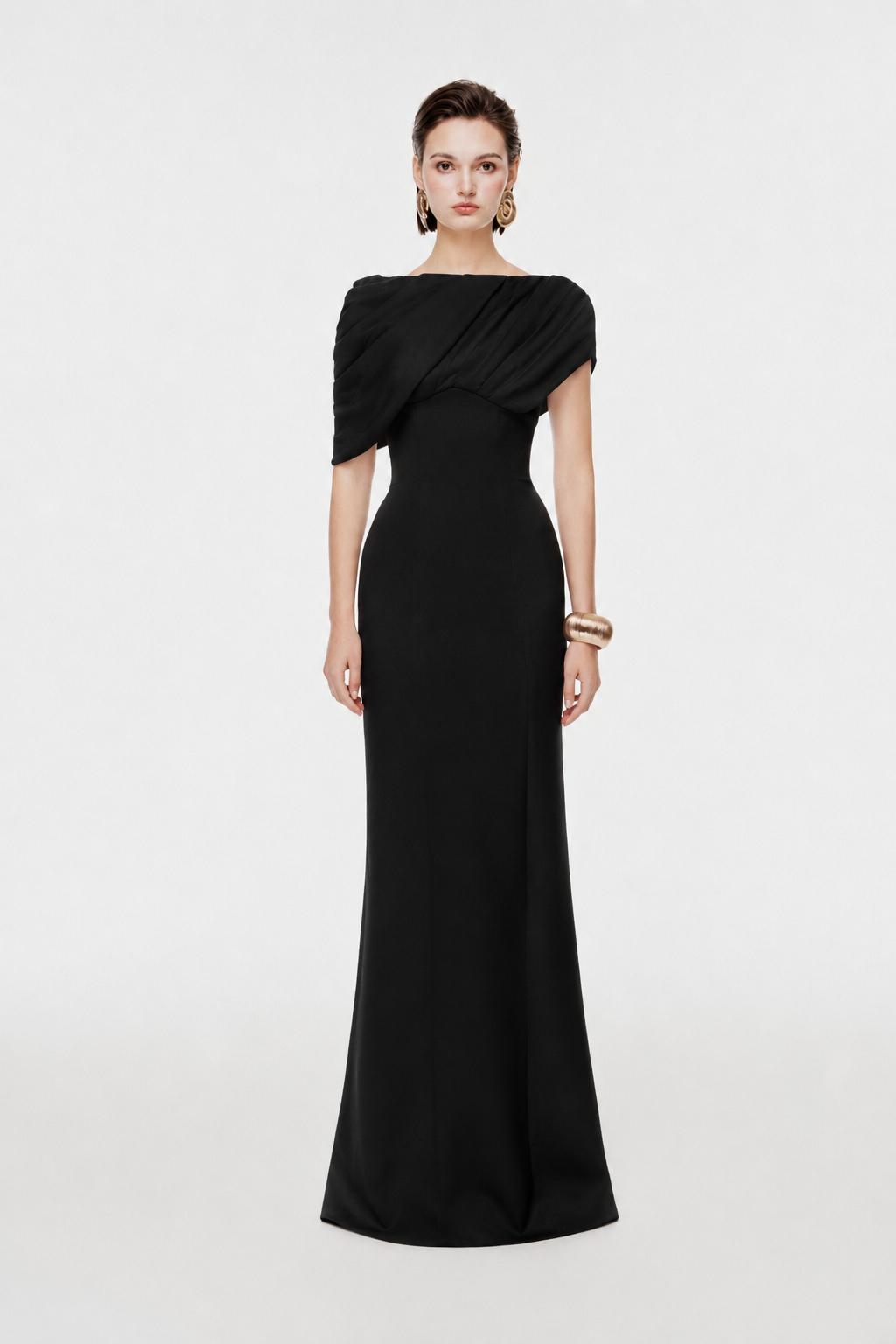 Asymmetric Draped Shoulder Midi Dress