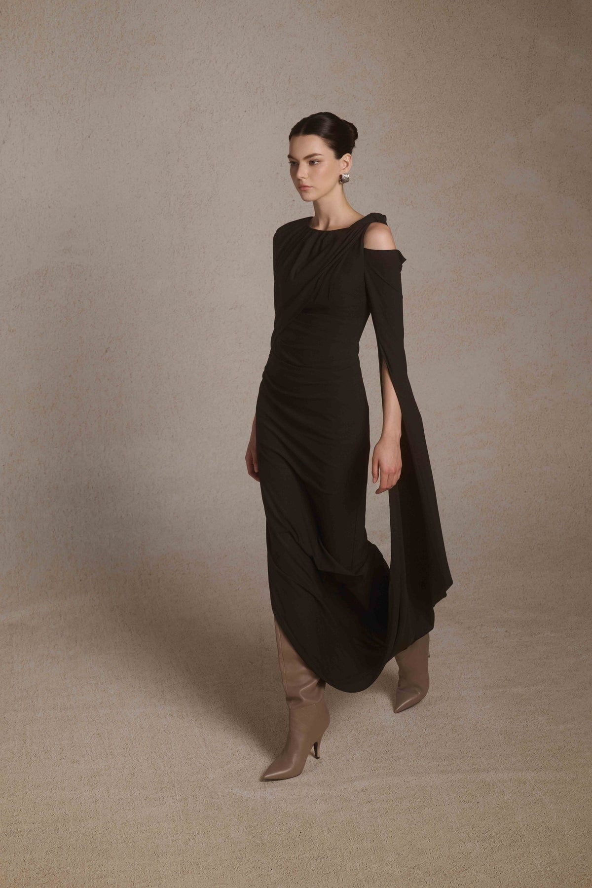 Orion Draped Shoulder Dress in Black image 1