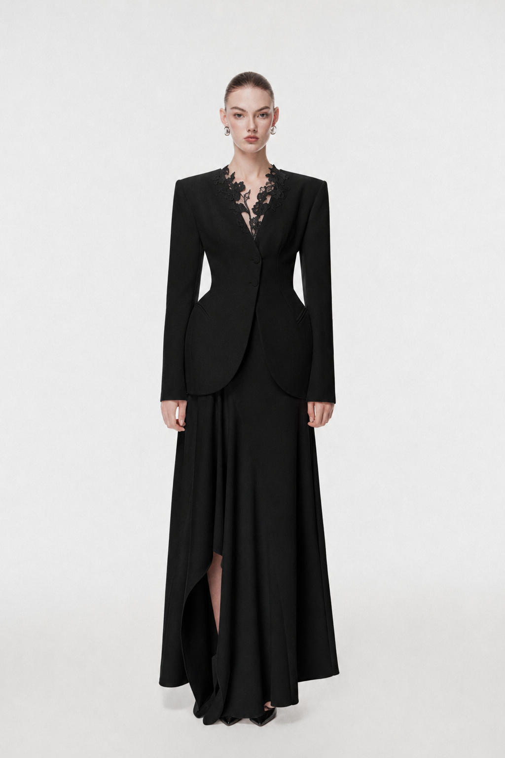 Ivory Draped-Collar Tailored Set Design